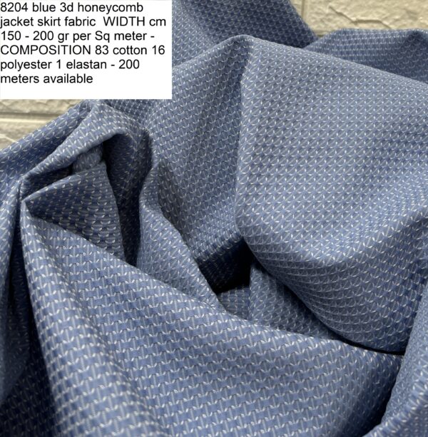 8204 blue 3d honeycomb jacket skirt fabric WIDTH cm 150 - 200 gr per Sq meter - COMPOSITION 83 cotton 16 polyester 1 elastan - 200 meters available