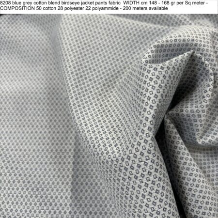 8208 blue grey cotton blend birdseye jacket pants fabric WIDTH cm 148 - 168 gr per Sq meter - COMPOSITION 50 cotton 28 polyester 22 polyammide - 200 meters available