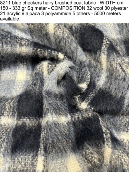 8211 blue checkers hairy brushed coat fabric WIDTH cm 150 - 333 gr Sq meter - COMPOSITION 32 wool 30 polyester 21 acrylic 9 alpaca 3 polyammide 5 others - 5000 meters available