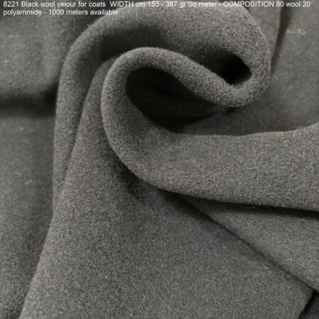 8221 Black wool velour for coats WIDTH cm 155 - 387 gr Sq meter - COMPOSITION 80 wool 20 polyammide - 1000 meters available