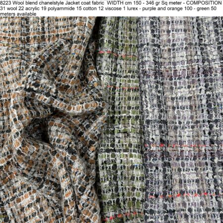 8223 Wool blend chanelstyle Jacket coat fabric WIDTH cm 150 - 346 gr Sq meter - COMPOSITION 31 wool 22 acrylic 19 polyammide 15 cotton 12 viscose 1 lurex - purple and orange 100 - green 50 meters