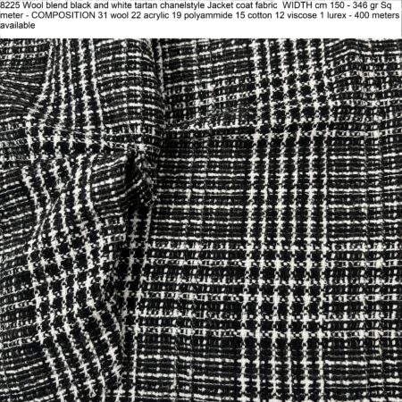 8225 Wool blend black and white tartan chanelstyle Jacket coat fabric WIDTH cm 150 - 346 gr Sq meter - COMPOSITION 31 wool 22 acrylic 19 polyammide 15 cotton 12 viscose 1 lurex - 400 meters