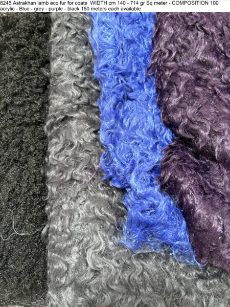 8245 Astrakhan lamb eco fur for coats WIDTH cm 140 - 714 gr Sq meter - COMPOSITION 100 acrylic - Blue - grey - purple - black 150 meters each available